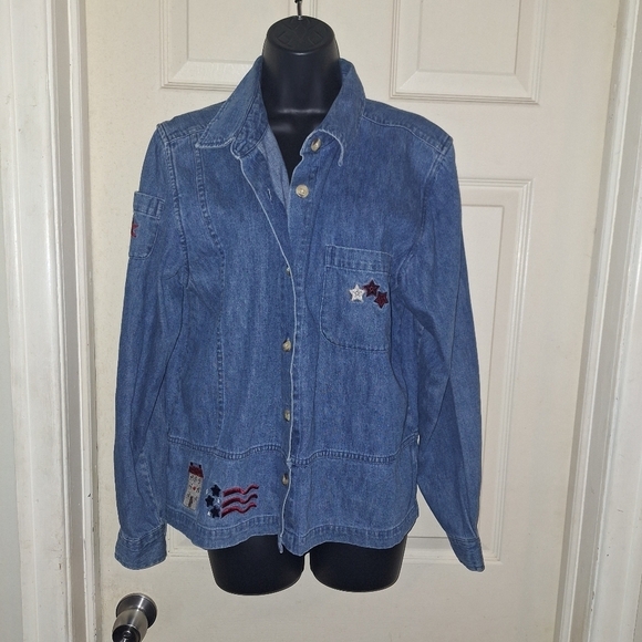 Christopher and Banks large jean button-down American Flag print - Picture 1 of 6